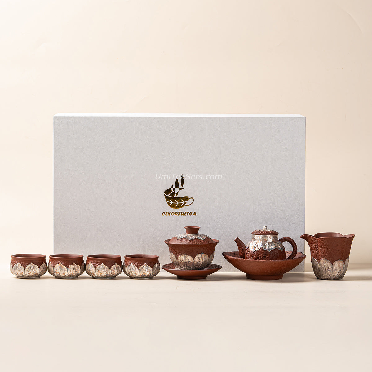 Red Silver-Plated Lotus Pottery Tea Set