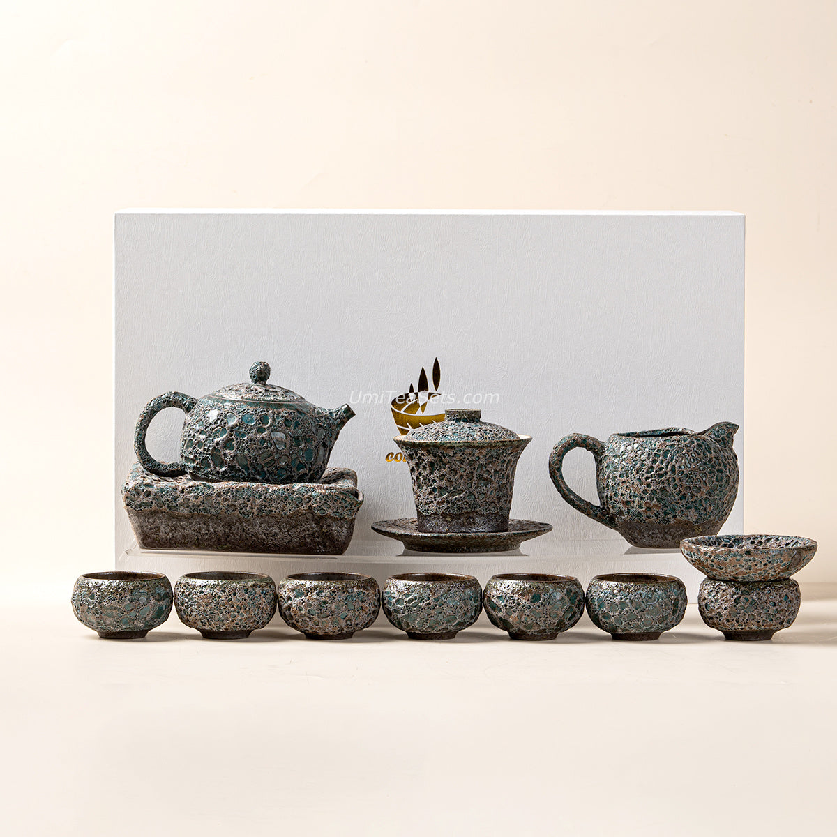 Vintage Bronze Coarse Pottery Tea Set with Wormhole Texture