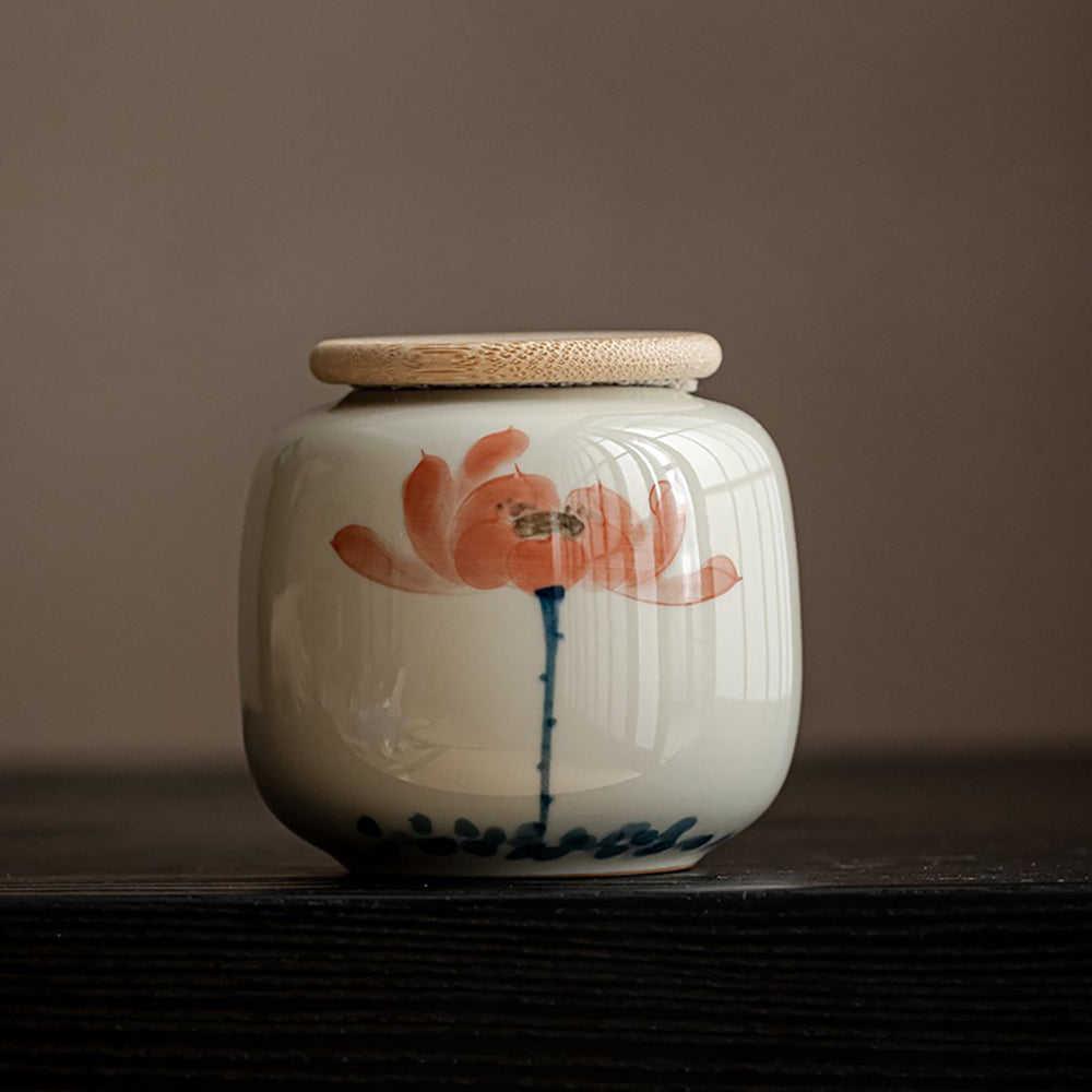 Hand-Painted Ceramic Tea Caddy with Jade-Like Glaze