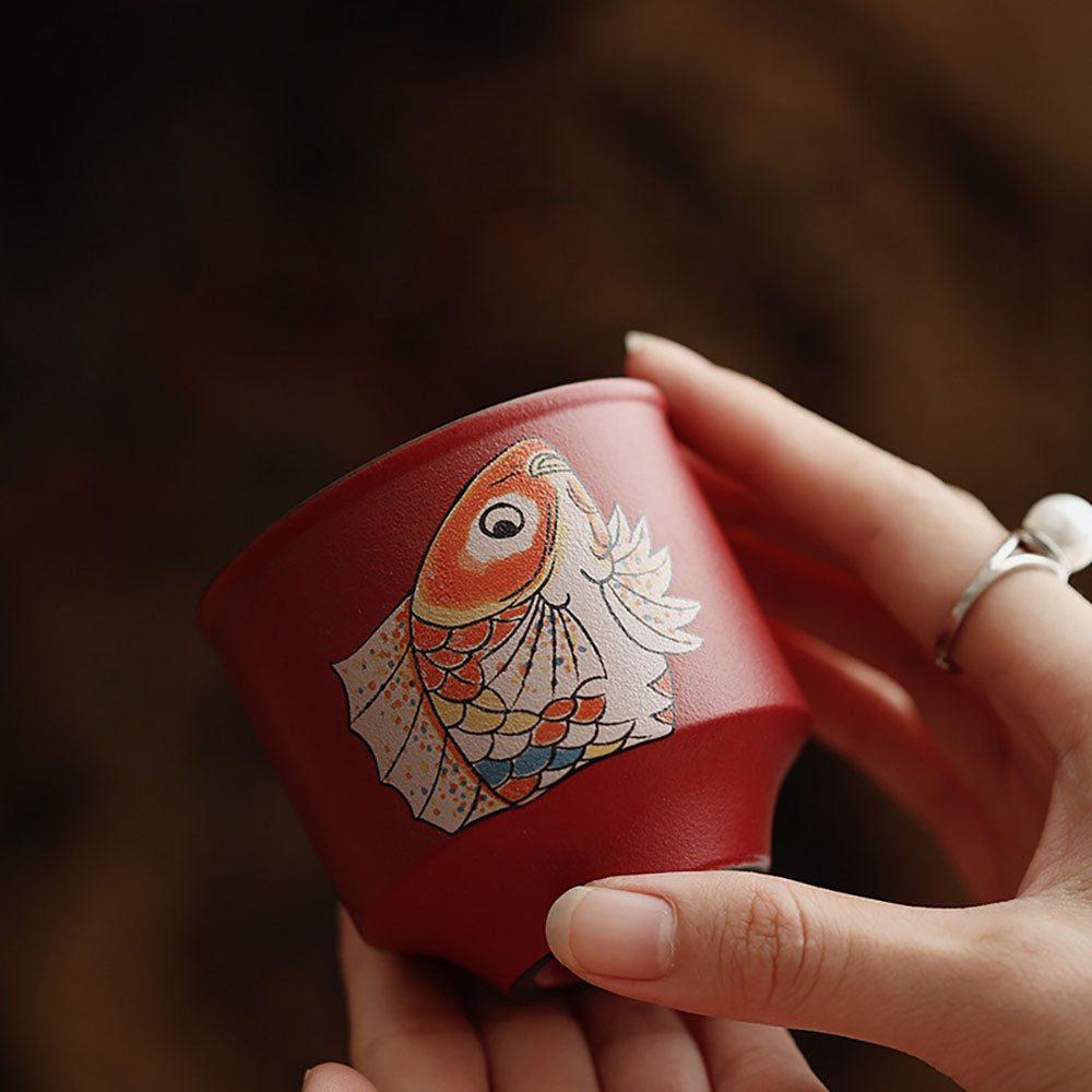 Red Ceramic Koi Gongfu Tea Cup Set with Gift Box