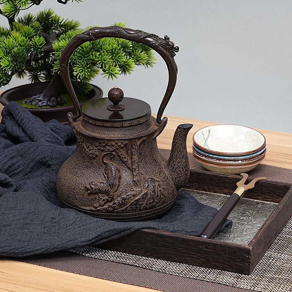 Japanese Cast Iron Teapot with Roaring Tiger Design