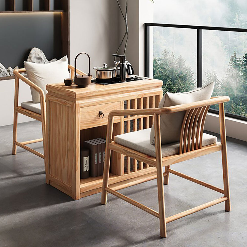 Movable Pine Wood Tea Brewing Table with Storage