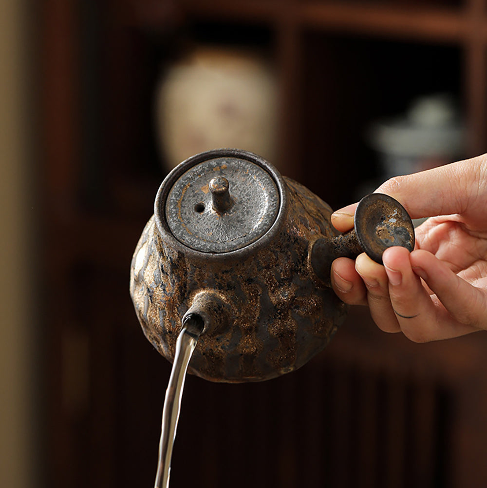 Japanese Hand-Hammered Pottery Teapot with Golden Glaze