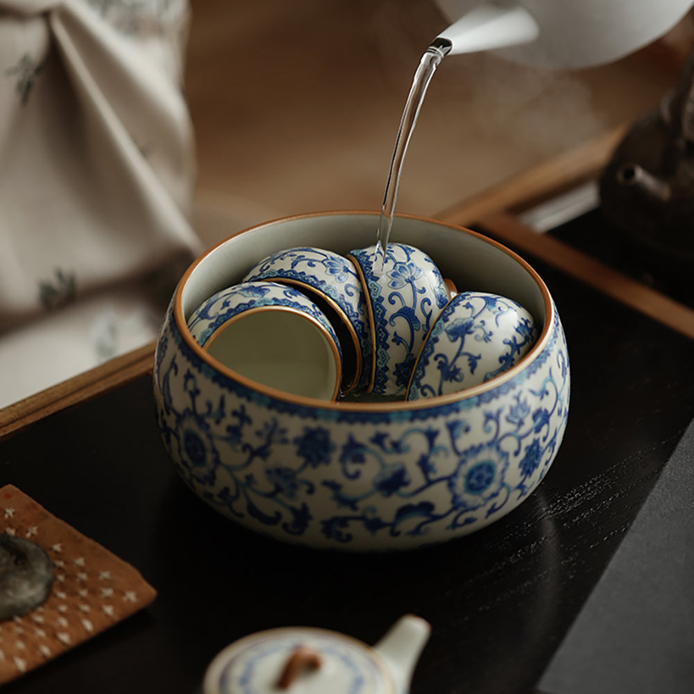 Blue and White Ruyao Porcelain Tea Washer with Twig Flowers Design