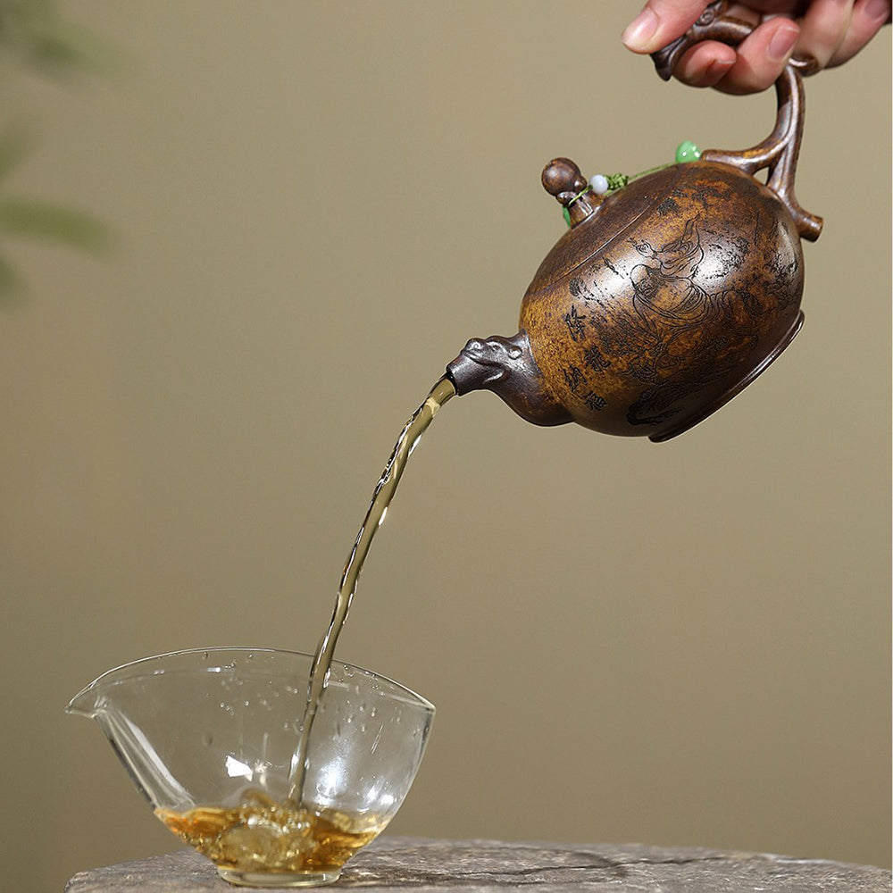 Yixing Dragon Bone Golden Sand Teapot with Luohan Design