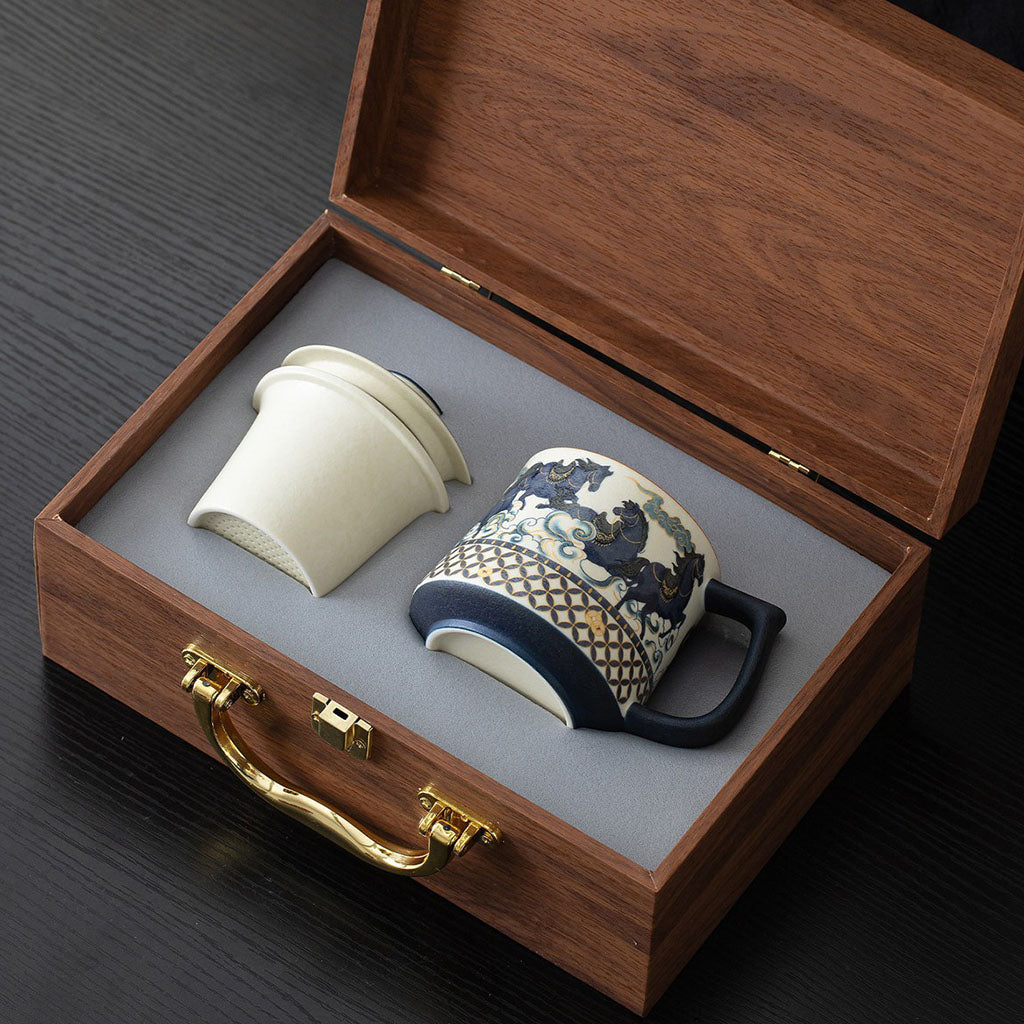 Galloping Horse Ceramic Tea Cup with Infuser and Lid