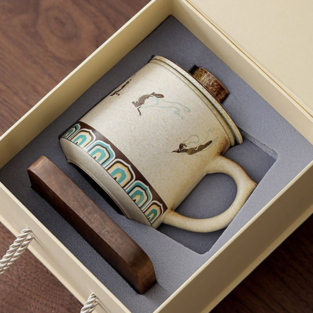 Dunhuang Flying Apsaras Ceramic Tea Cup with Infuser and Wooden Tray