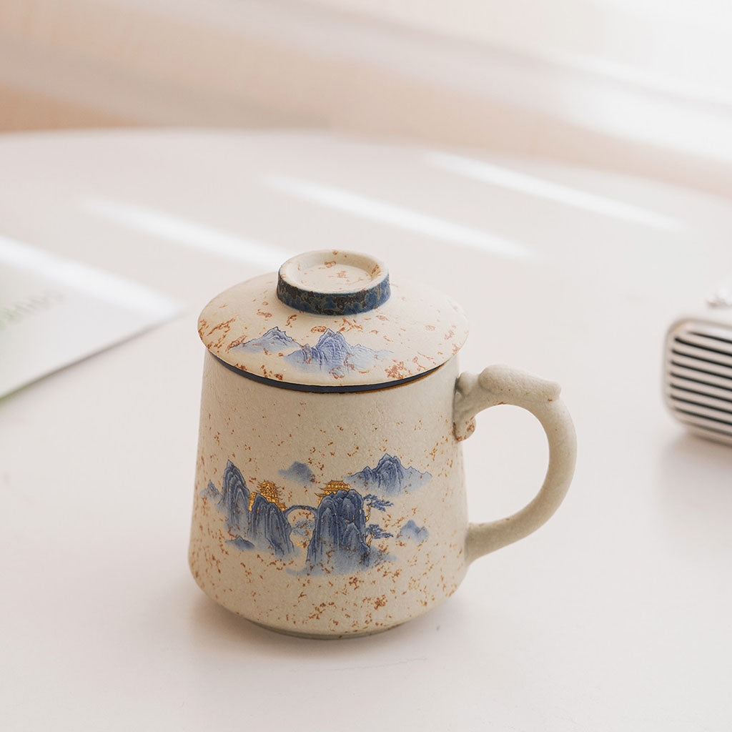 Flint Red Ceramic Tea Cup with Infuser and Landscape Design