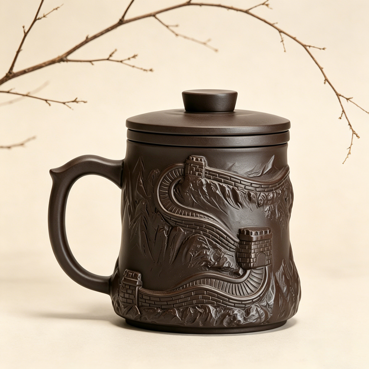 Great Wall Purple Clay Tea Cup with Infuser and Relief Carving