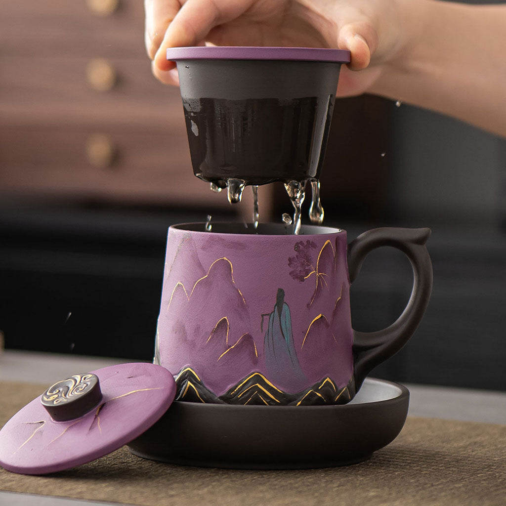 Yixing Purple Clay Landscape Tea Cup Set with Tray