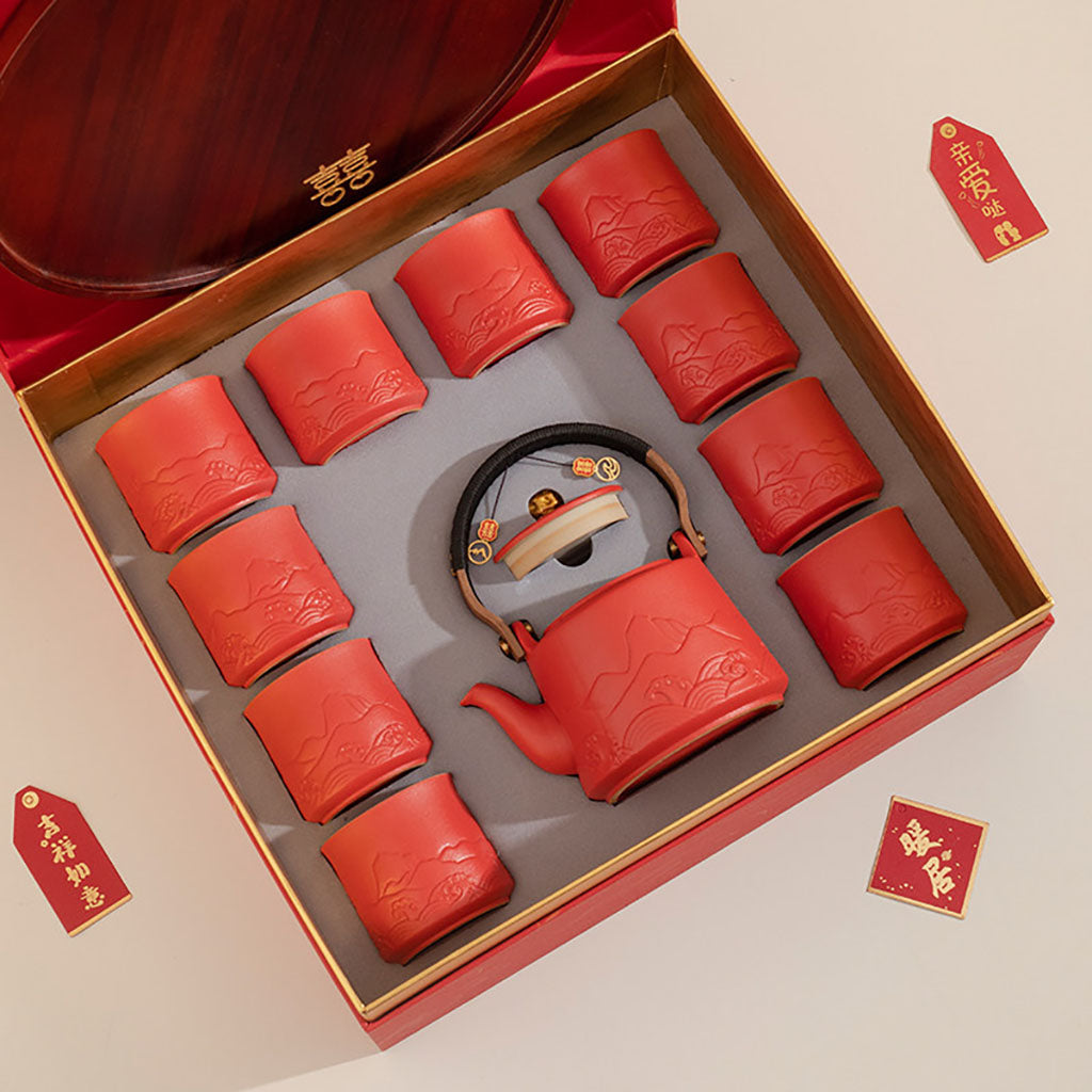 Ceramic Wedding Tea Set with Wooden Tray - Festive Red Mountain Design
