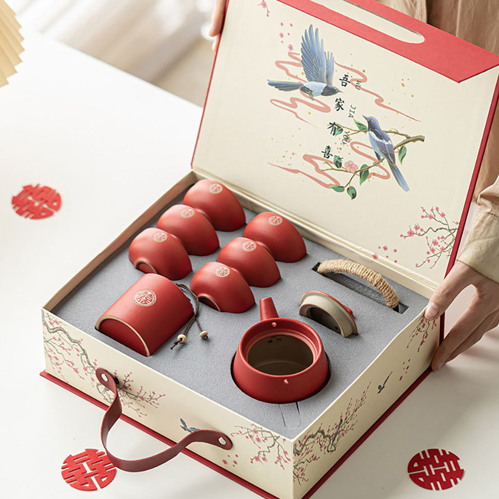 Red Double Happiness Ceramic Wedding Tea Set with Teapot and Cups