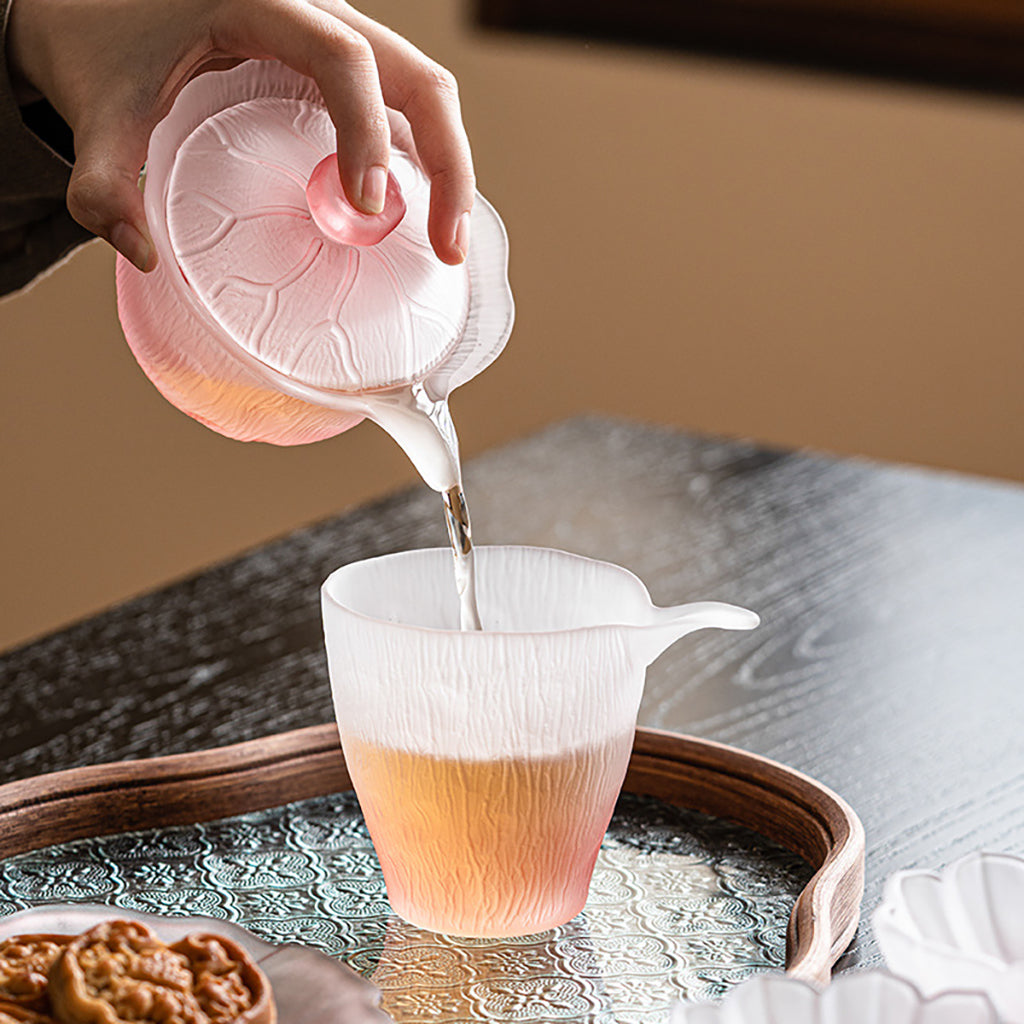 Pink Lotus Crystal Glass Tea Set with Gaiwan and Cups