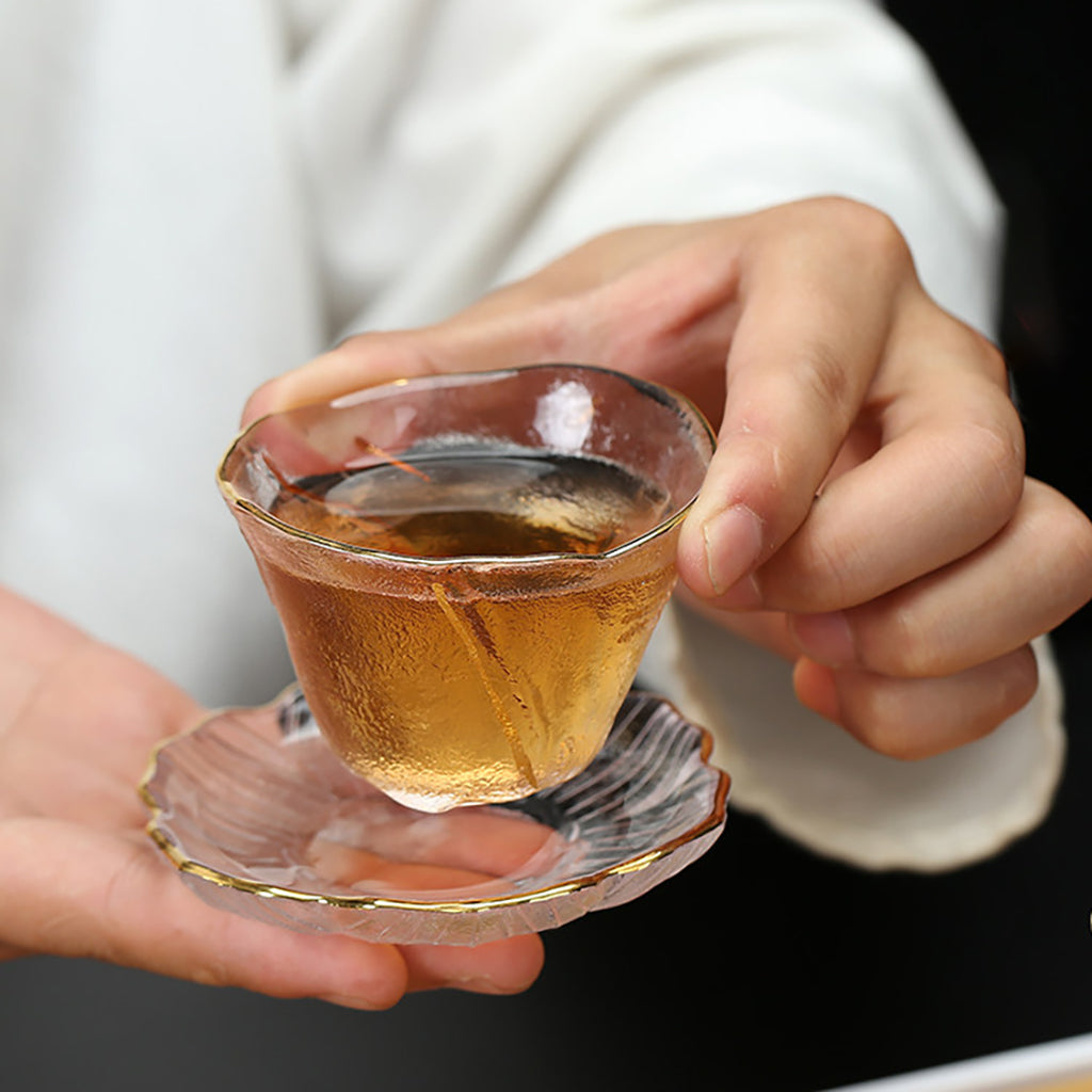 Plum Blossom Ice-Textured Glass Tea Set with Gold Trim