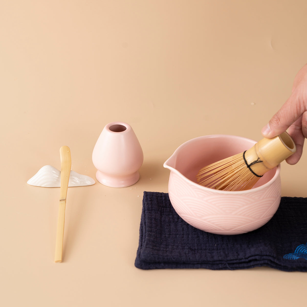 Japanese Pink Wave Ceramic Matcha Tea Set with Bamboo Whisk and Glass Cups