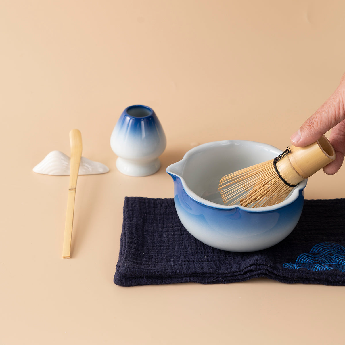 Gradient Blue Japanese Matcha Tea Set with Bamboo Whisk and Accessories