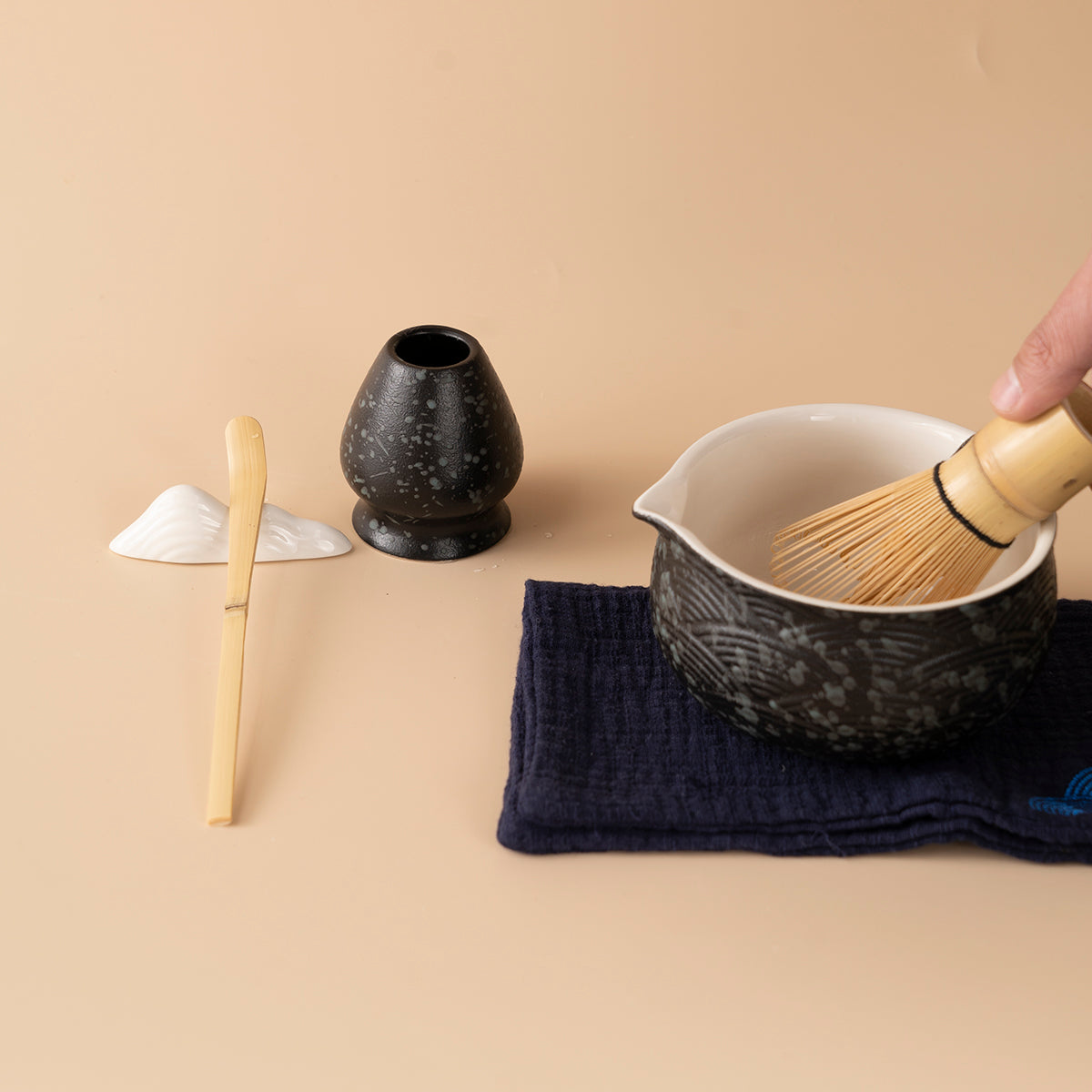 Zen Black Ceramic Matcha Tea Set with Bamboo Whisk and Accessories