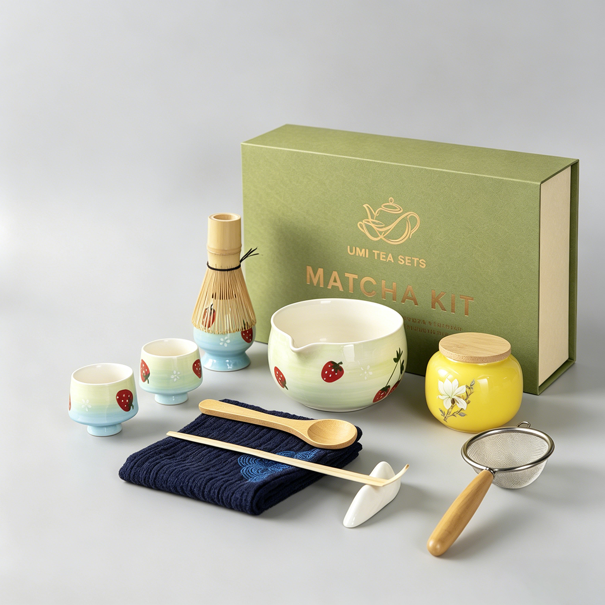 Japanese Strawberry Matcha Tea Set with Bamboo Whisk and Accessories
