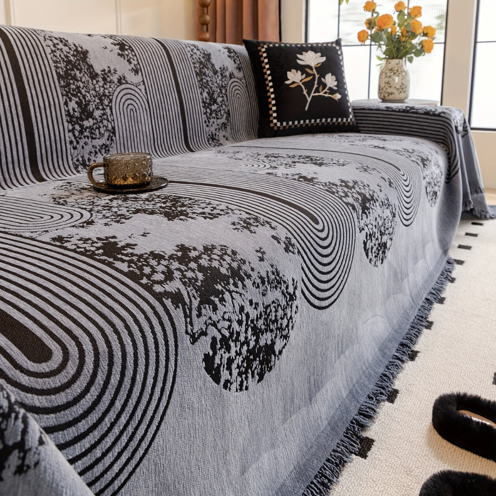 Chenille Mosaic Lines Sofa Cover with Tassels