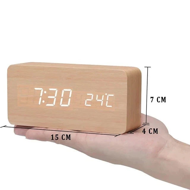 Digital LED Alarm Clock with Wood Look and Voice Control