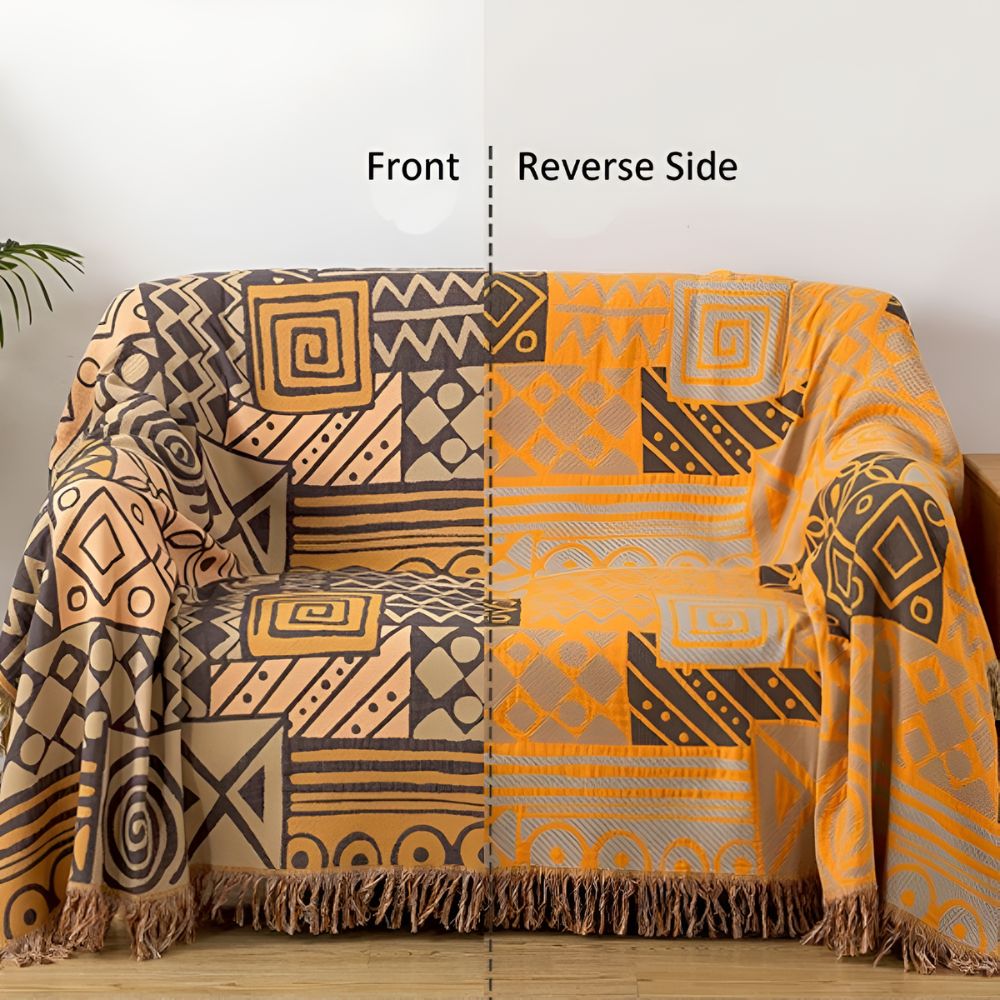 Reversible Tribal Patchwork Cotton Blanket with Tassels