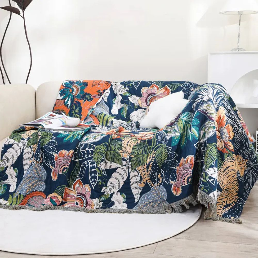 Reversible Tropical Floral Cotton Blanket with Tassels