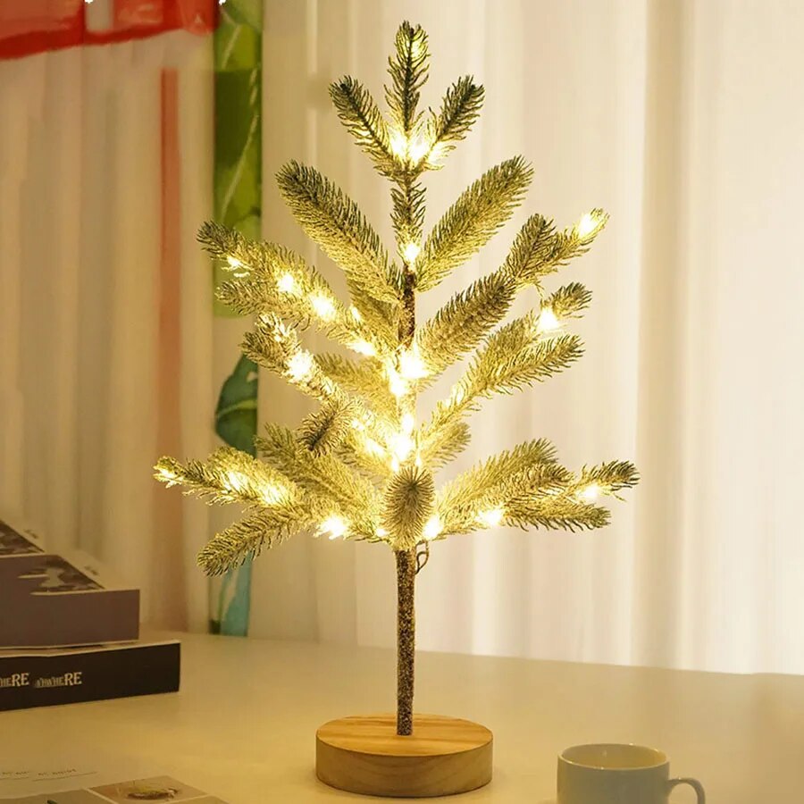 LED Christmas Tree Table Lamp with Warm White Light and Wooden Base
