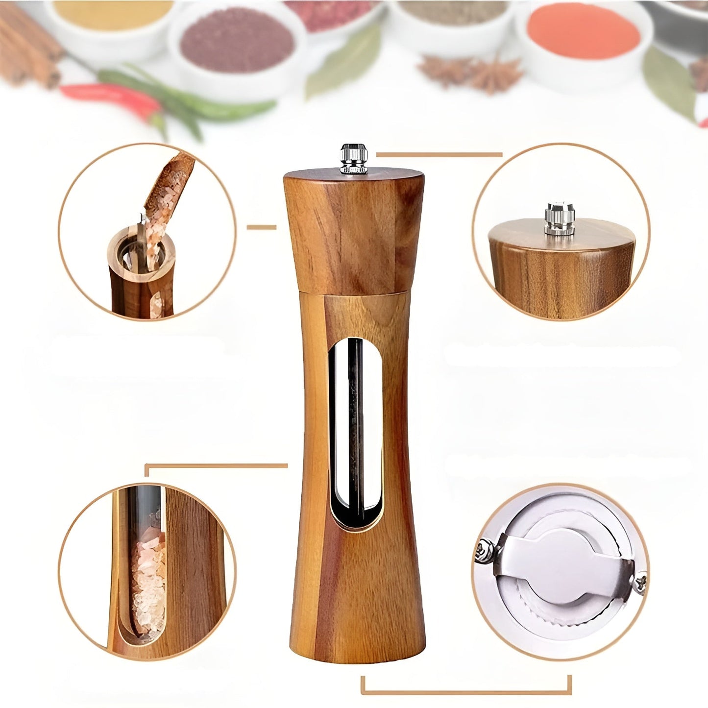 Wooden Salt and Pepper Mill Set with Acrylic Window, Adjustable Grind
