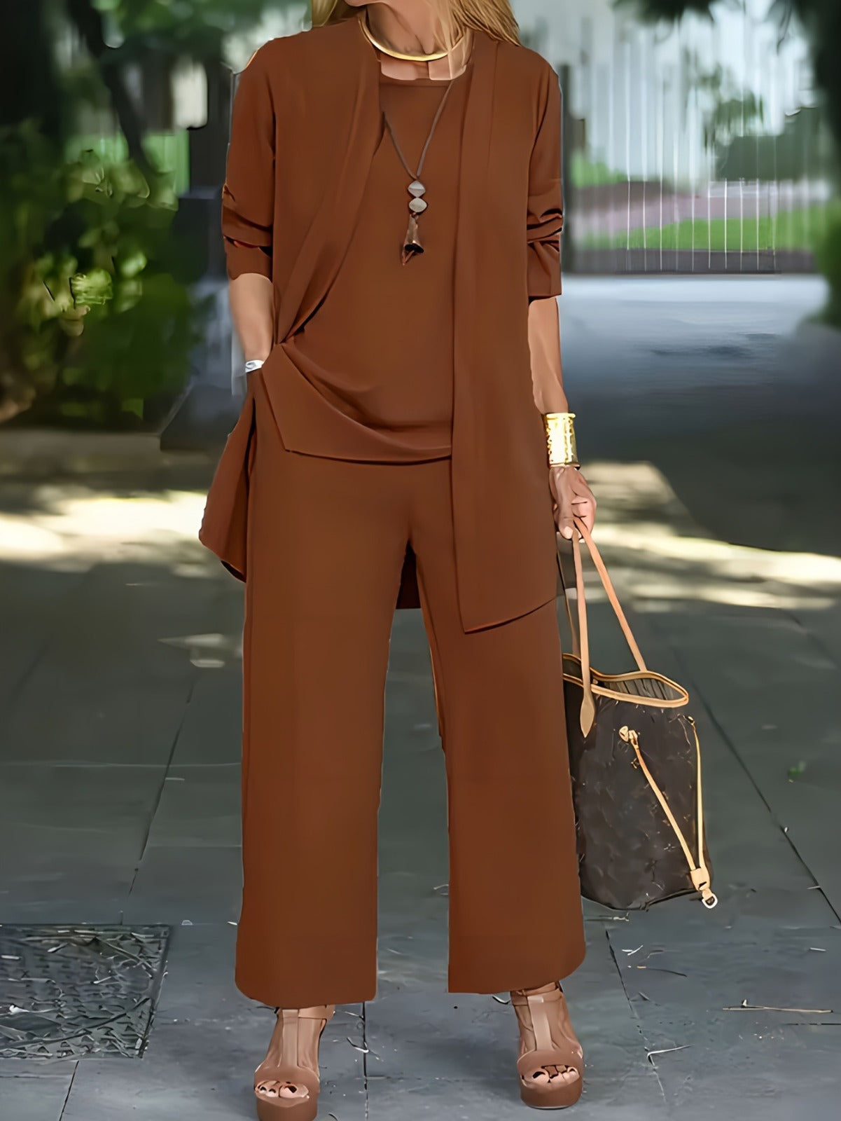 Three-Piece Casual Outfit Set with Long Cardigan and Wide Trousers