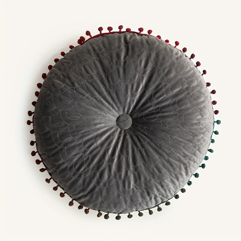 Vintage Round Quilted Velvet Ottoman Cushion with Pom-Pom Trim