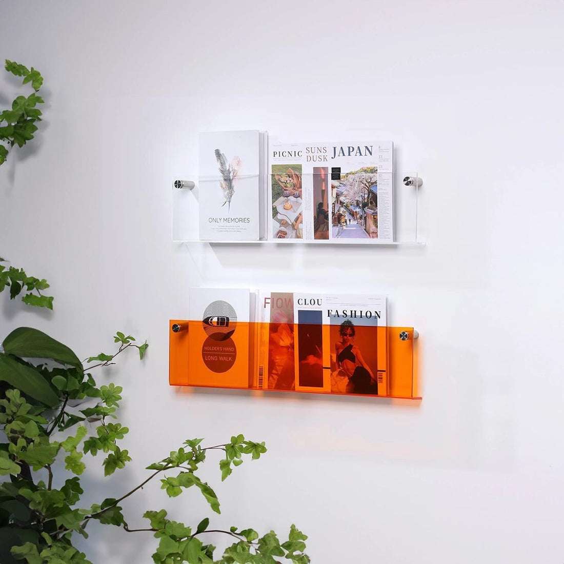 Acrylic Wall-Mounted Floating Magazine Rack in Clear and Orange