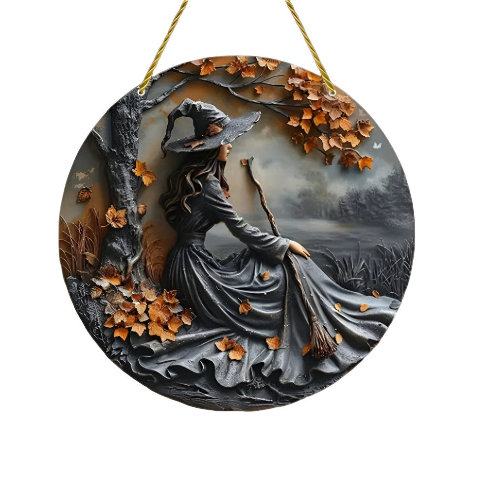 Round Wooden Witch Folklore Wall Sign with Hanging Cord
