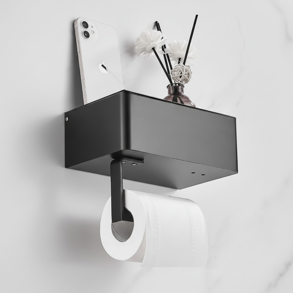 Wall-Mounted Toilet Paper Holder with Integrated Storage Drawer