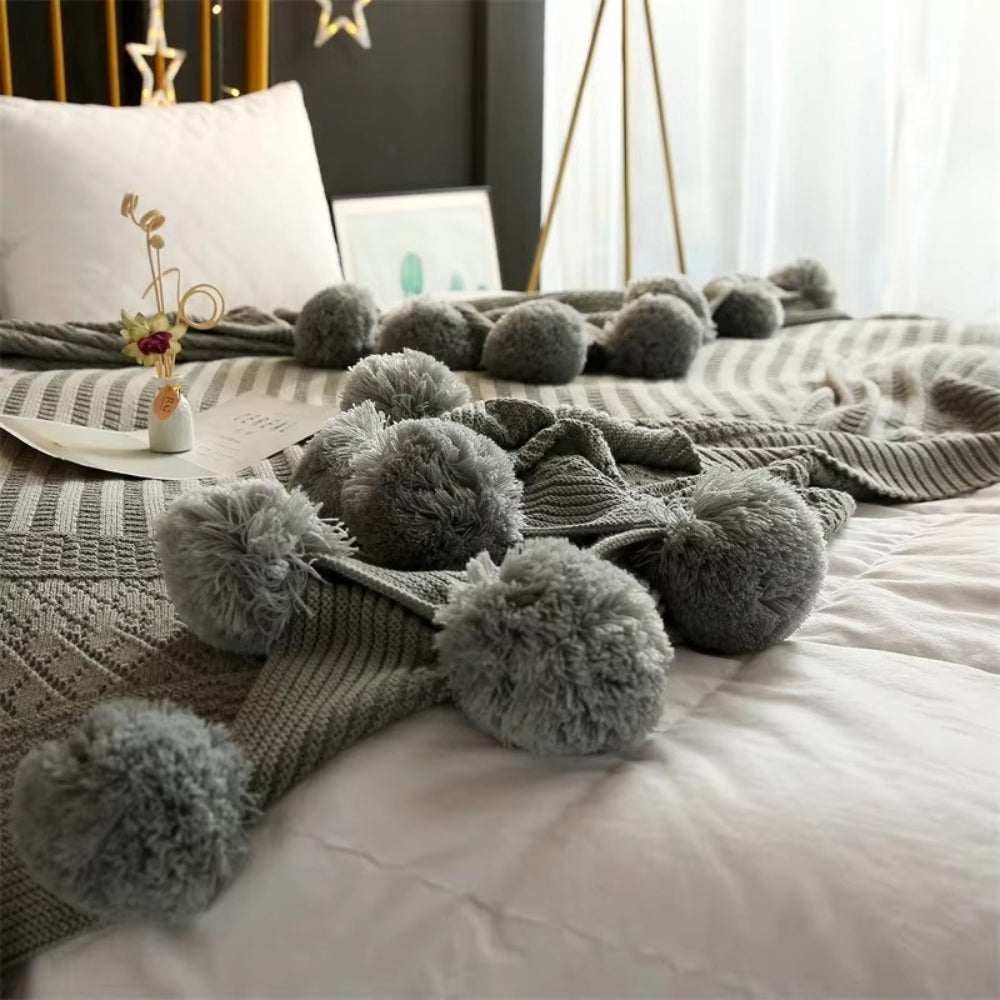 Fluffy Pom-Pom Knitted Macaron Blanket