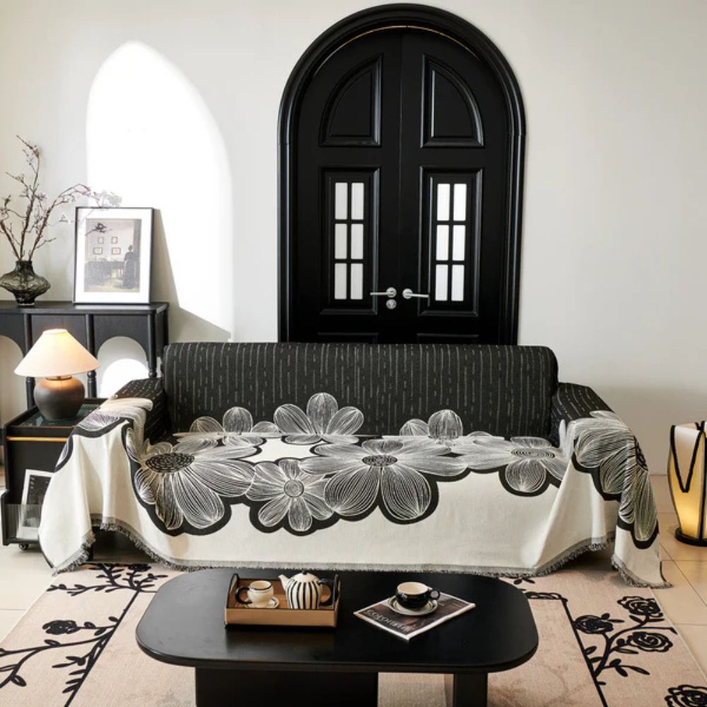 Floral Chenille Sofa Cover with Tasselled Borders