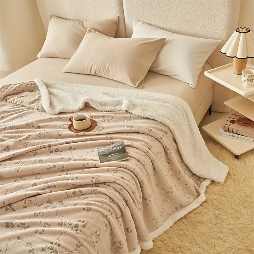 Plush Double-Layer Floral Blanket in Beige