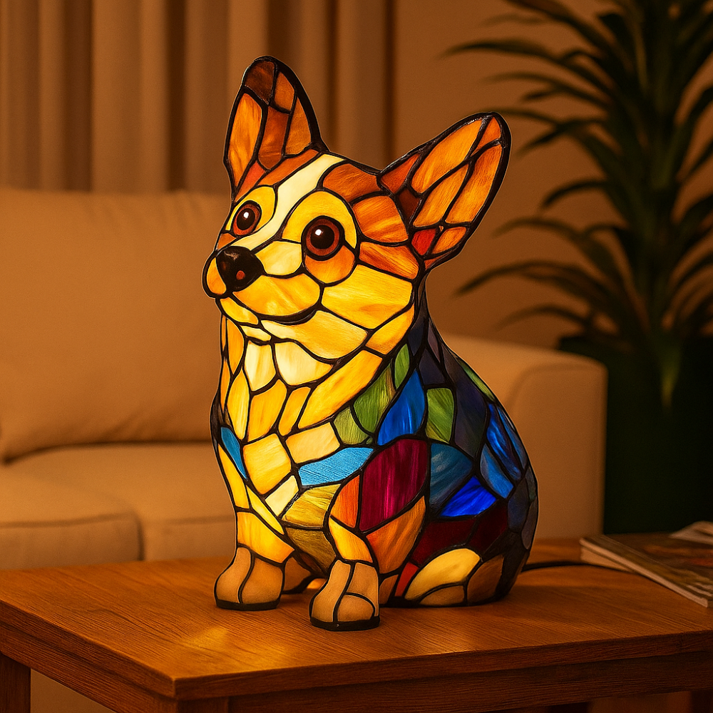 Stained Glass Dog Night Lamp with Color Changing LED