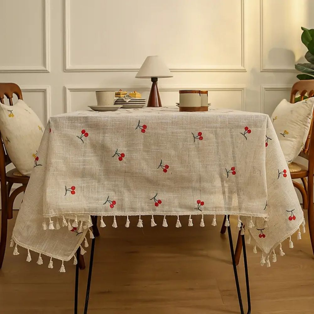 Vintage Red Cherry Embroidered Tassel Tablecloth