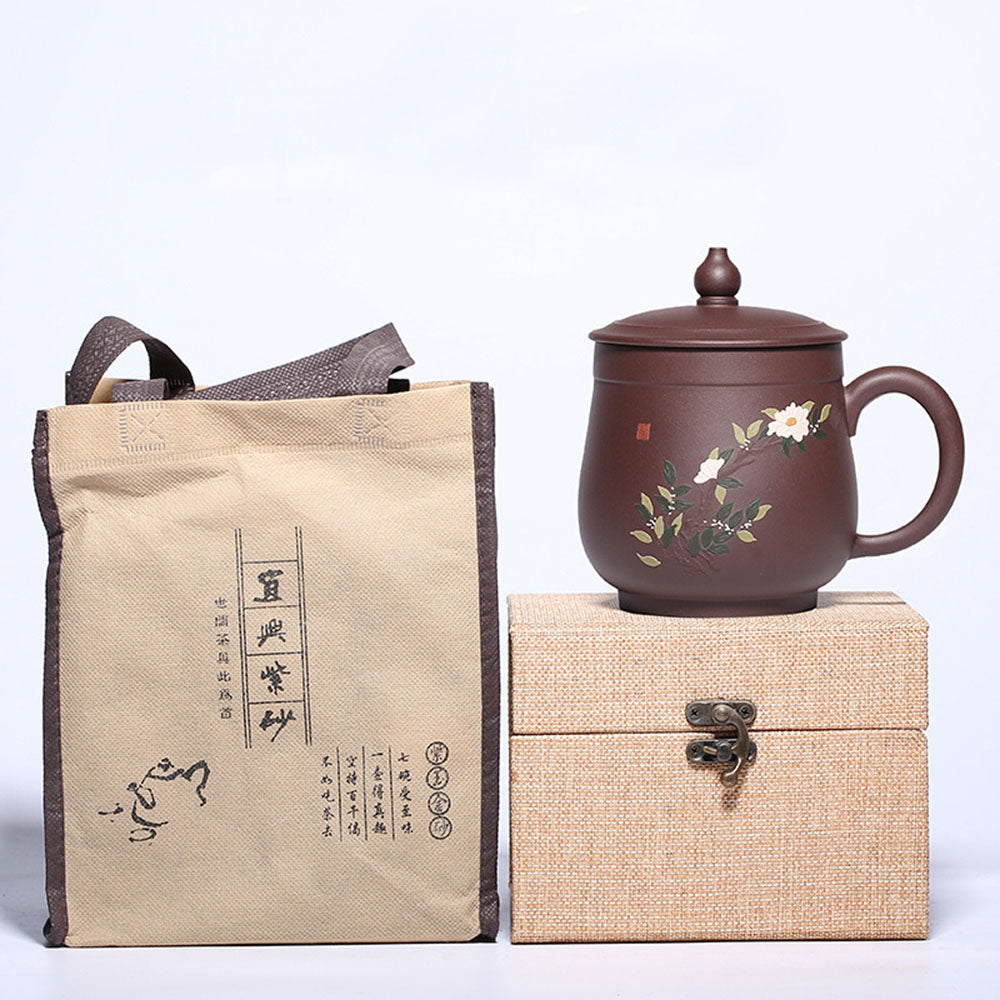 Yixing Purple Clay Peony Tea Cup with Gourd Lid