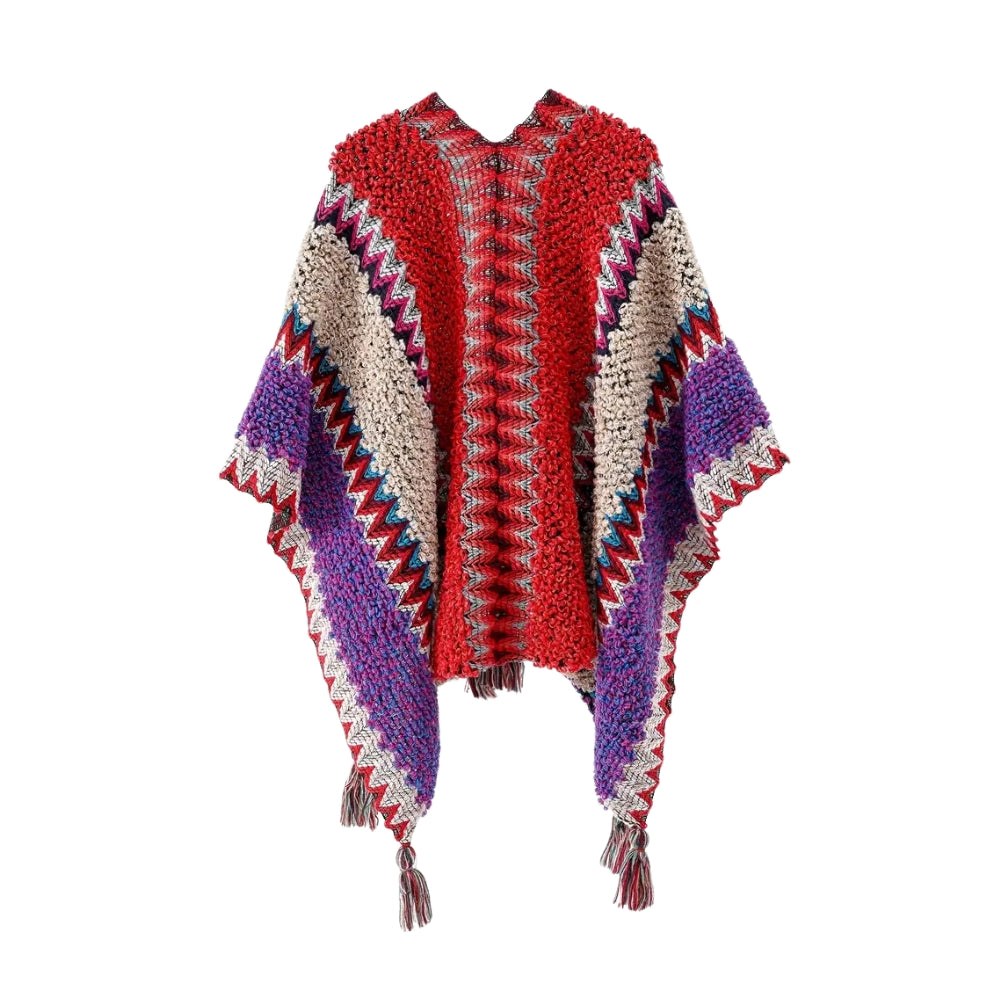 Tassel Striped Poncho Shawl in Soft Acrylic