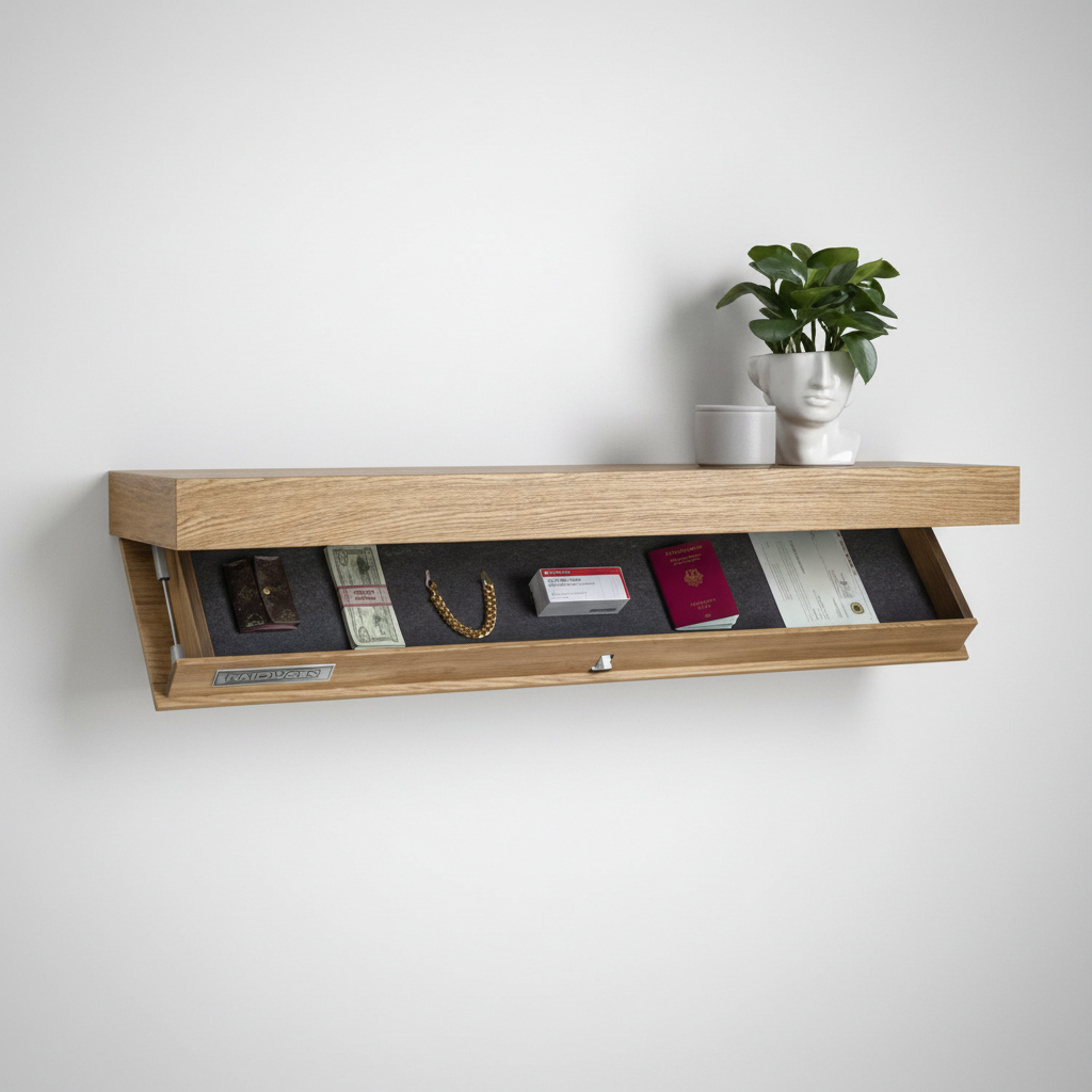 Floating Wall Shelf with Hidden Storage - Modern Wood and Metal Design
