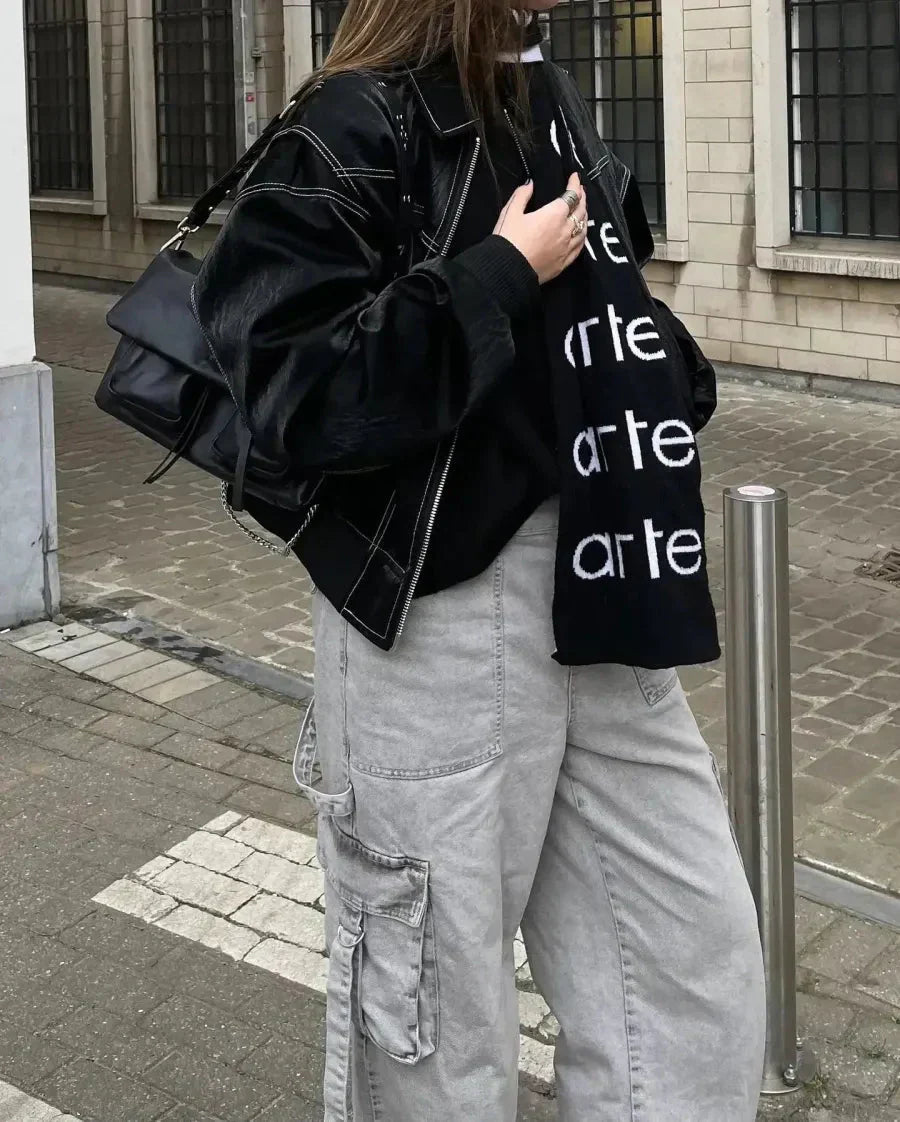 Oversized Vintage Leather Jacket with Cool Zippers
