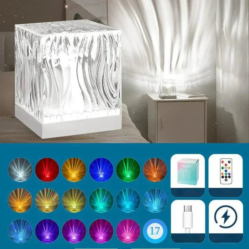 Aurora Water Wave Projector Night Light with Flame Crystal Lamp
