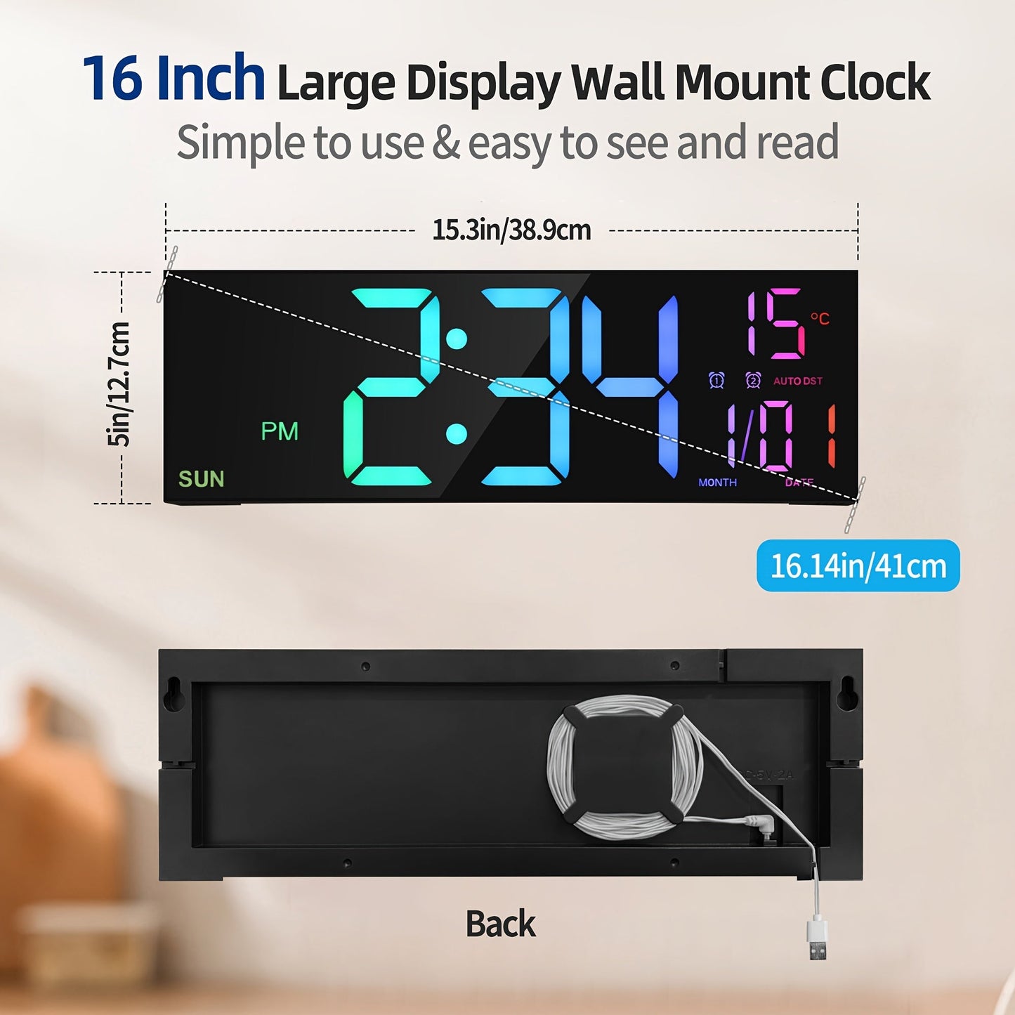 16-Inch RGB Digital Wall Clock with Remote Control and Auto Brightness
