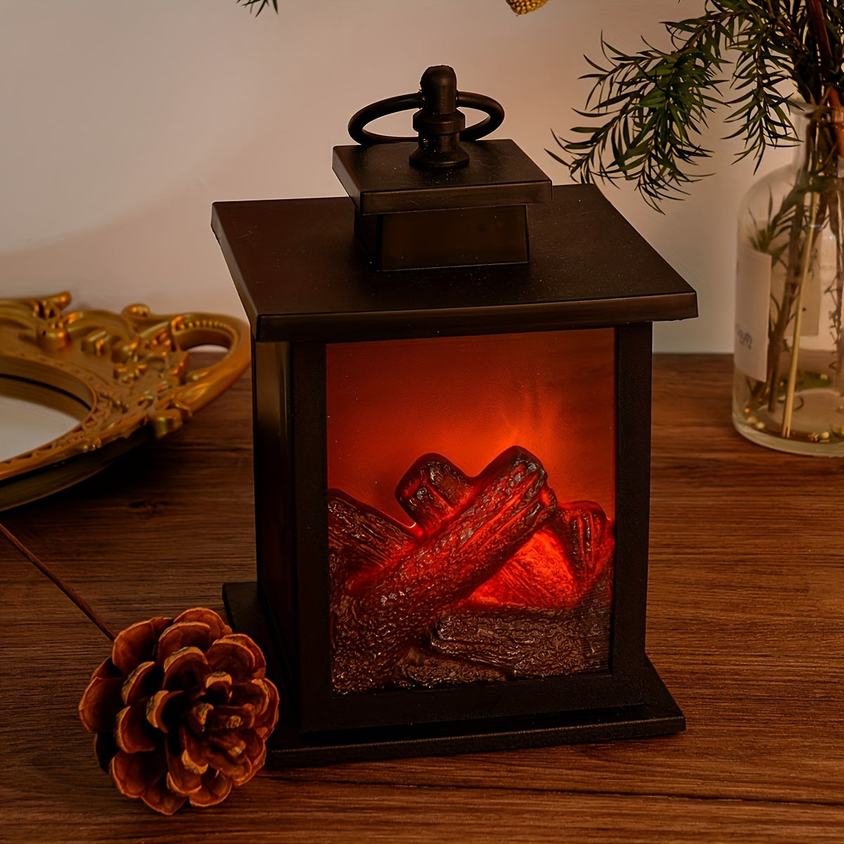 Rectangular USB and Battery Operated Fireplace Lantern with Realistic Flame Effect
