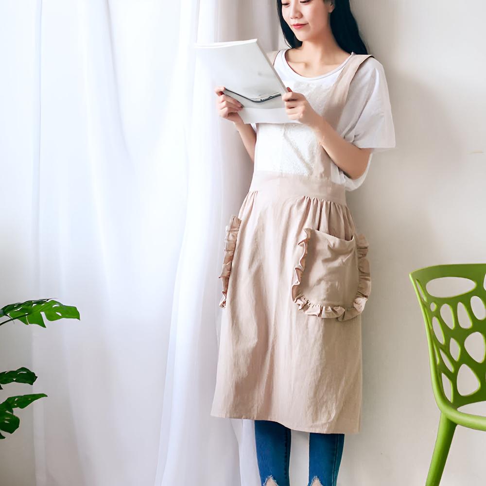 Chic Ruffle Pocket Cotton-Linen Apron