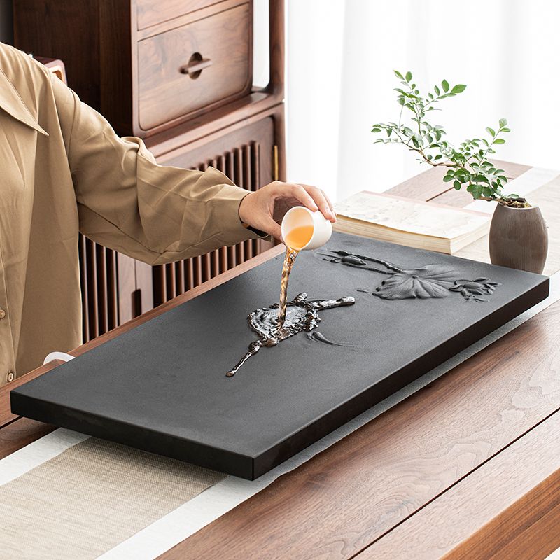 Black Stone Tea Tray with Engraved Lotus and Fish Design