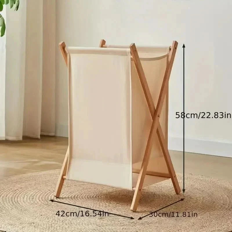 Foldable Wooden Laundry Basket with Cotton Fabric Bag