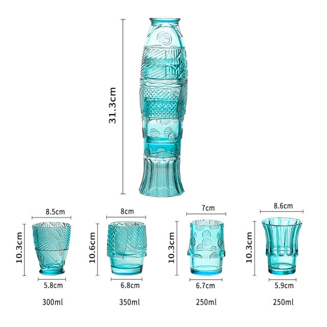 Colored Glass Koi Fish Mugs Set - Textured Aqua Drinkware
