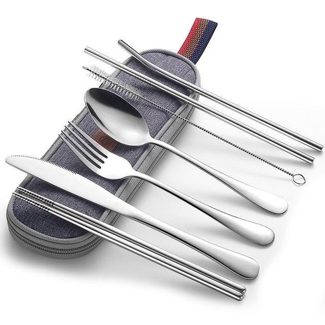 Portable Stainless Steel Cutlery Set with Case and Metal Straws